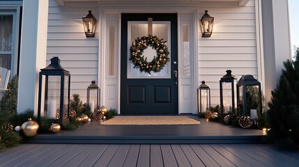 Sticker - A front door adorned with a gold, silver, and beige wreath and garland, flanked by lanterns that create a cozy winter atmosphere