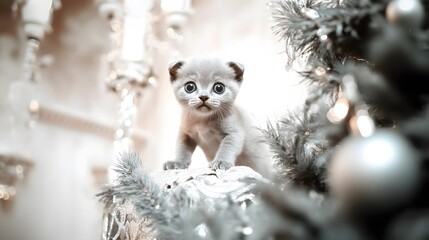 Wall Mural - A playful Russian Blue kitten exploring a winter wonderland during a holiday event , High-resolution,Ultra-realistic,Crystal-clear