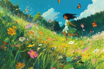 Canvas Print - a painting of a girl running through a field of flowers