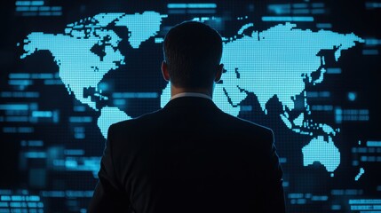 A professional observing a digital world map, symbolizing global connectivity and data analysis in a tech-driven environment.