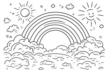 Poster - Cheerful coloring page featuring a vibrant rainbow arching over fluffy clouds and a bright sun designed for kids to color set against a clean white background to enhance creativity