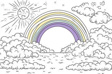 Poster - Cheerful coloring page featuring a vibrant rainbow arching over fluffy clouds and a bright sun designed for kids to color set against a clean white background to enhance creativity