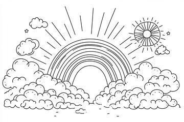 Poster - Cheerful coloring page featuring a vibrant rainbow arching over fluffy clouds and a bright sun designed for kids to color set against a clean white background to enhance creativity