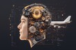 © mangolovemom - A futuristic portrait of a human head integrated with mechanical and aviation elements, symbolizing the fusion of technology and humanity.