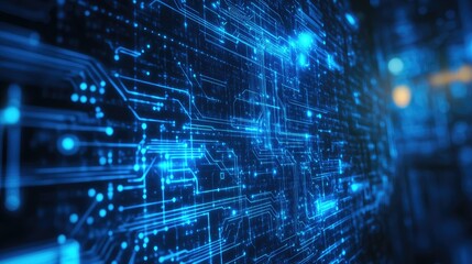Poster - Abstract blue digital background with glowing circuits and lines representing AI technology. Copy space included