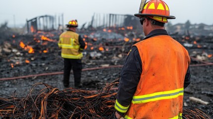 Firefighters assess the aftermath of a devastating fire amidst debris and smoke.