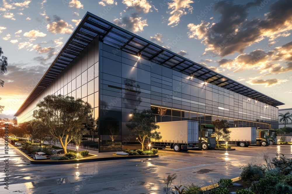 Sustainable logistics hub with solar-powered facilities, electric ...