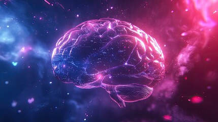 Poster - AI technology background with a holographic brain interface. Ample space for your message or branding
