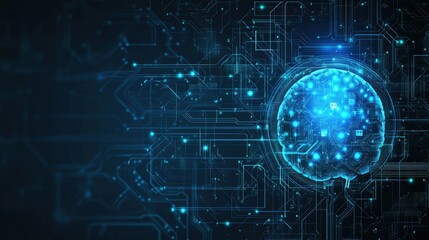 Poster - AI technology background with a holographic brain interface. Ample space for your message or branding