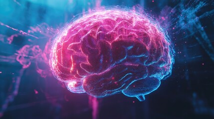 Poster - AI technology background with a holographic brain interface. Ample space for your message or branding