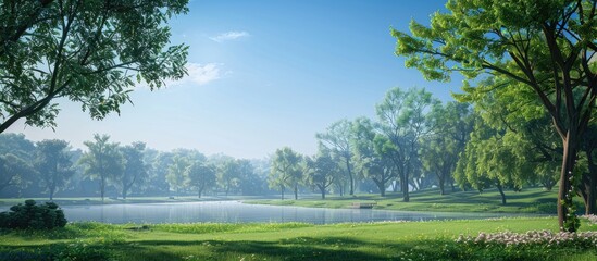 Wall Mural - A beautiful park with a serene atmosphere and a clear blue sky as a backdrop for any copy space image