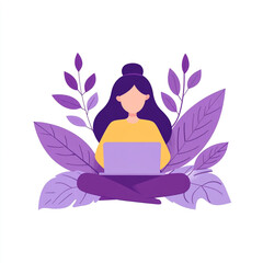 A flat vector illustration of an animated girl sitting on the floor with her laptop, purple leaves around and sparkles behind her.