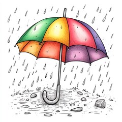 Poster - Cheerful handdrawn black and white outline of a colorful umbrella opened up in the rain designed for kids to color and enjoy rainy days