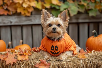 A Yorkshire Terrier, clad in a pumpkin outfit, sits atop a hay bale surrounded by autumn leaves and pumpkins, reflecting the joyful spirit of fall festivities.