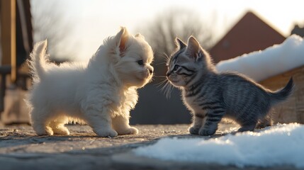 Wall Mural - A playful West Highland Terrier puppy and a Chartreux kitten chasing each other through the snow at a winter market , High-resolution,Ultra-realistic,Crystal-clear