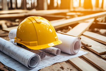 close up view of Yellow safety helmet placed on rolled-up blueprints, with scattered wood planks nearby