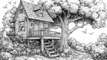 Poster - Cheerful handdrawn black and white illustration of a whimsical treehouse surrounded by trees and birds perfect for kids to color and enjoy adventure