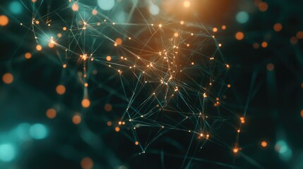 Poster - Complex digital nodes connected in a web, creating a modern AI technology background. Room for text