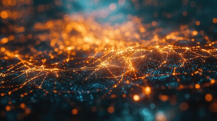 Poster - Complex digital nodes connected in a web, creating a modern AI technology background. Room for text