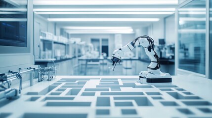 Aufkleber - A robot navigating a complex maze in a high-tech robotics research lab, clean and innovative research environment, Research-tech style