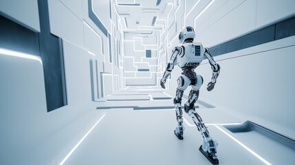 Poster - a robot navigating a complex maze of high-tech sensors in a futuristic robotics testing facility, cl