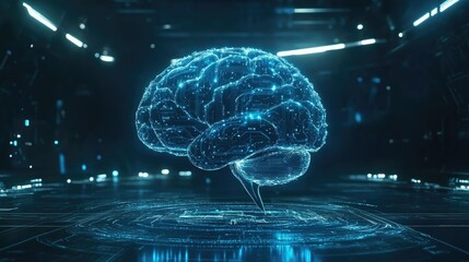 Poster - Digital hologram of an AI brain with futuristic blue circuits and ample copy space