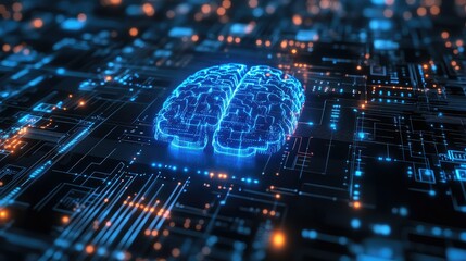 Poster - Digital hologram of an AI brain with futuristic blue circuits and ample copy space