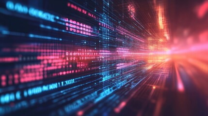 Poster - Digital matrix background with flowing binary code and AI symbols, offering space for copy