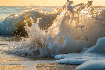 Aufkleber - Golden light beautifully illuminating a large, crashing ocean wave, emphasizing the power and fluidity of water and the mesmerizing dance of sunlight through foam.