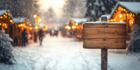 A wooden sign covered in light snow sits at a festive winter market, with glowing lights in the distance