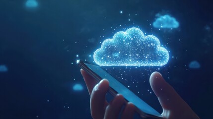 Poster - Secure Cloud Computing: Hand Holding a Smartphone with Holographic Cloud Icons, Depicting the Integration of Mobile Technology and Cloud Services with Blue Background - Generative AI