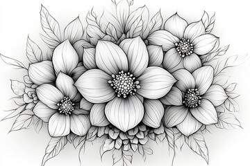 Poster - Circular mandala with floral and abstract elements carefully illustrated in black outline on a white background The detailed drawing invites creativity for color enthusiasts