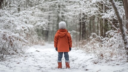 Poster - A child wearing a bright orange jacket, grey pants, and a white hat is walking on a snow-covered path through a snowy forest. The child is looking forward, with their back to the camera.
