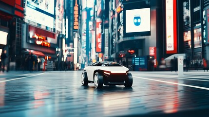 Poster - a robot navigating through a futuristic smart city street with advanced sensors and interactive digi