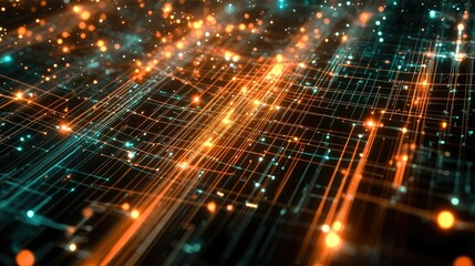 Poster - Glowing digital grid with futuristic connections, suitable for AI technology concepts. Copy space available