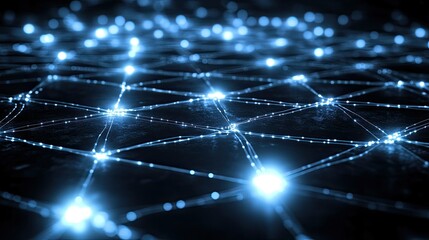 Poster - Glowing digital grid with futuristic connections, suitable for AI technology concepts. Copy space available