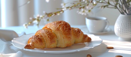 Wall Mural - Almond Croissant pastry on a white table with a bright mood suitable for different commercial purposes with a copy space image available