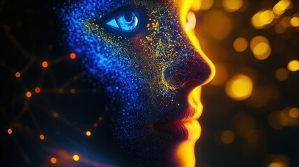 Poster - Side view of a humanoid head with blue and yellow eyes and vibrant neon neural network, representing futuristic technology and artificial intelligence. Generative AI