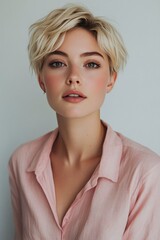 Wall Mural - Young woman with short blonde hair poses in soft pink shirt against light background