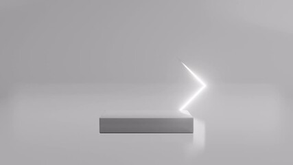 Poster - Podium with a bright white square in rotation swirling around glowing on white background. Futuristic showcase with platform for product display. Presentation on empty stage. 3d animation loop 4K