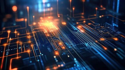 Poster - High-tech digital interface with glowing data streams, ideal for AI technology themes. Copy space available