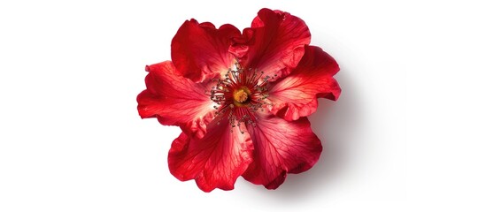 Poster - Top view of a red Rosa Chinensis on a white isolated background with clipping path for a banner featuring copy space image