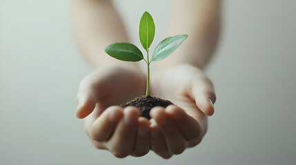 Canvas Print - 3D Floating Seedling Growing Hands Concept Small Seedling Nurtured Community Growth ESG Initiatives White Background Close Up Icon