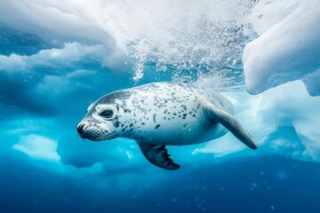 Poster - A graceful seal swimming underwater near floating ice in clear blue ocean waters, exhibiting calmness and freedom in a breathtaking natural environment.