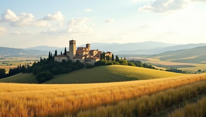 Sticker -  Elegant castle overlooking golden fields under a clear sky