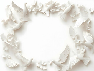 Wall Mural - Flat White Dove Inner Peace Frame Concept - Wide Shot of White Dove Silhouettes in Flight Around Frame - Isolated on White Background for Janeiro Branco Mental Health Campaign