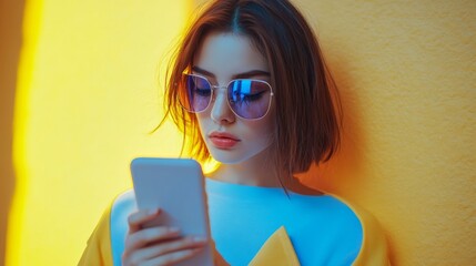 A young beautiful woman with a phone on a bright uniform background