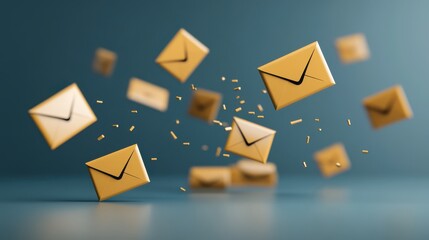 Poster - Dynamic flight of yellow envelopes representing email communication in the digital age