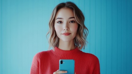 A young beautiful woman with a phone on a bright uniform background