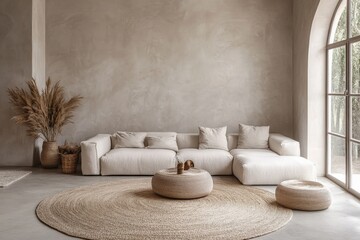 Poster - A minimalist living room featuring a plush white sectional sofa, round jute rug, and pampas grass in a rustic vase, bathed in soft natural light.